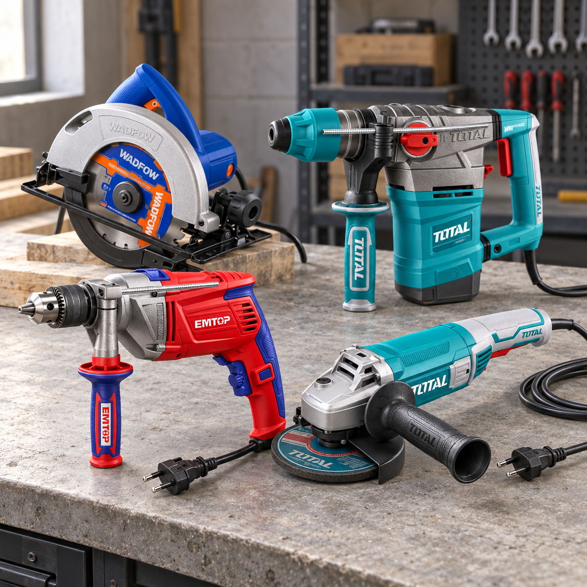 Outillage électroportatif filaire — sélection d’outils présentée dans une scène professionnelle.