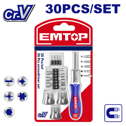 Jeu de 30 tournevis á cliquet EMTOP EBST03006