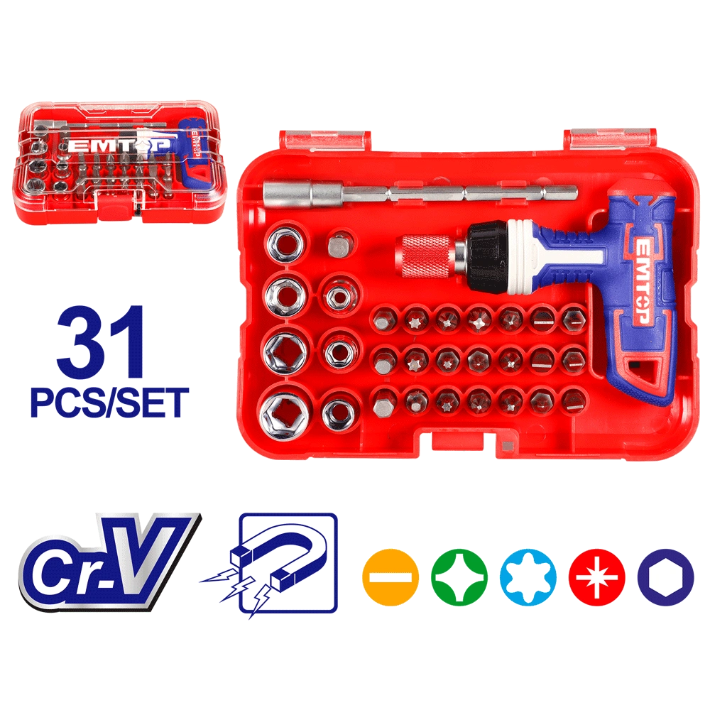 Jeu de 31 tournevis cliquet f-t EMTOP EBST03102