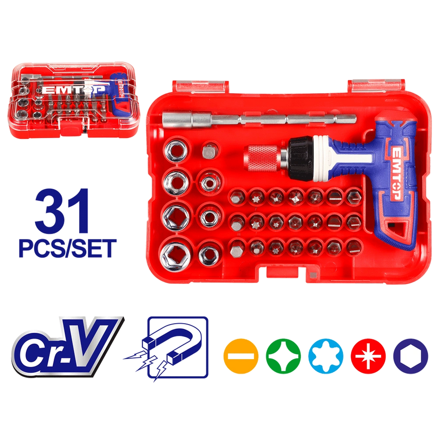 Jeu de 31 tournevis cliquet f-t EMTOP EBST03102
