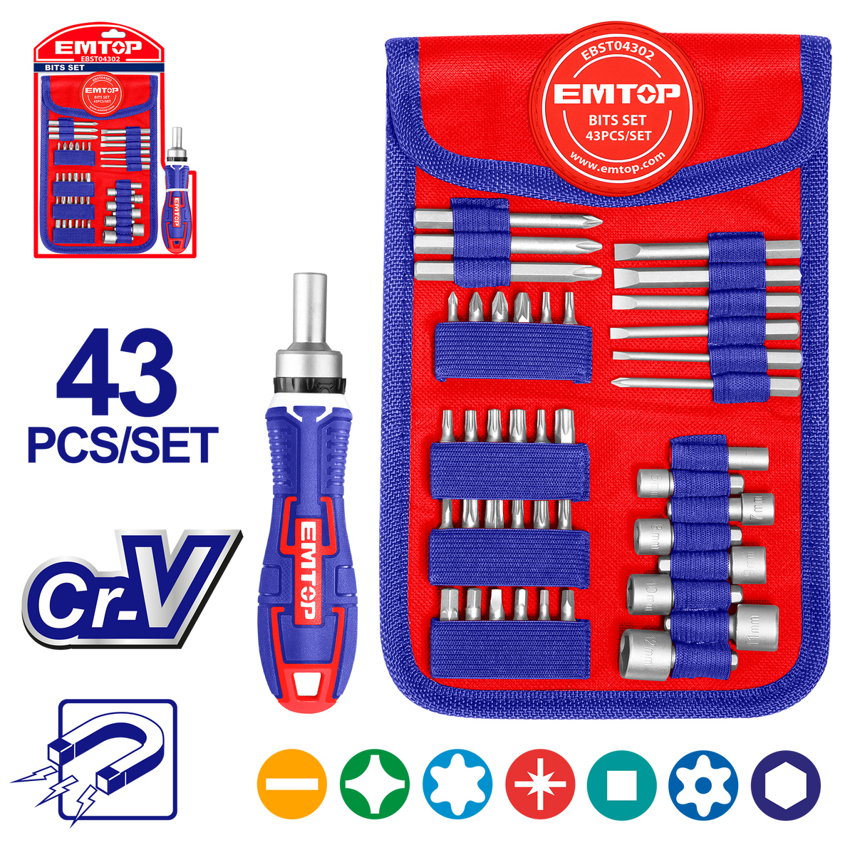 Coffret de 43 embouts de tournevis EMTOP EBST04302