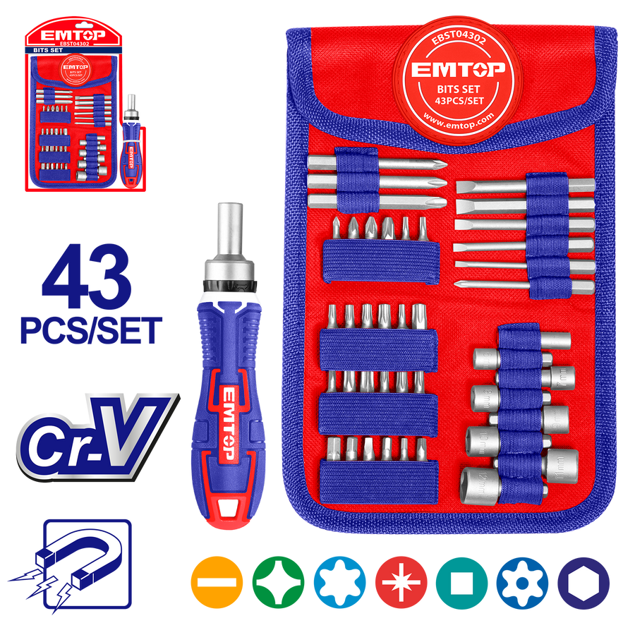 Coffret de 43 embouts de tournevis EMTOP EBST04302