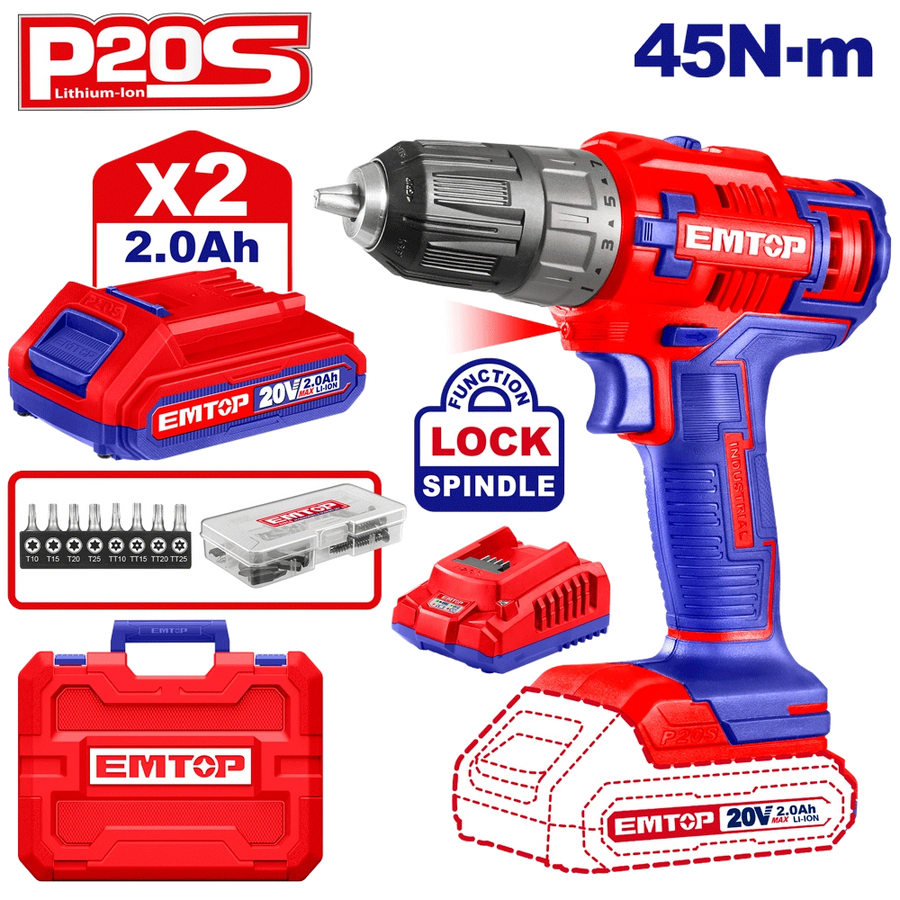 Perceuse viss 20V 45NM 2BAT+55AC EMTOP ECDL200528