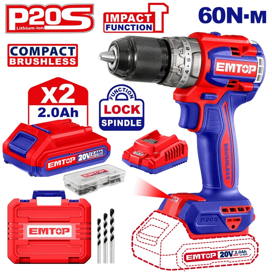 Perceuse a perc brush 20V 60NM+AC EMTOP ECIDL20602