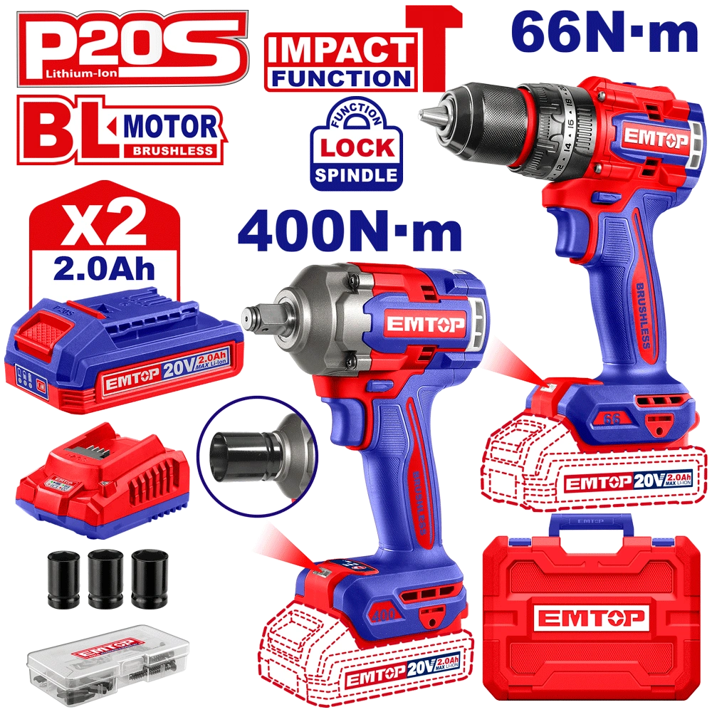Kit perceuse + clé à choc 400 2B2 EMTOP ECKL20275