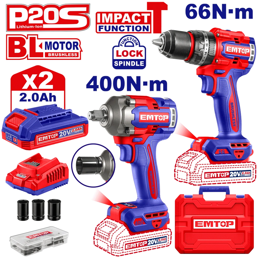 Kit perceuse + clé à choc 400 2B2 EMTOP ECKL20275