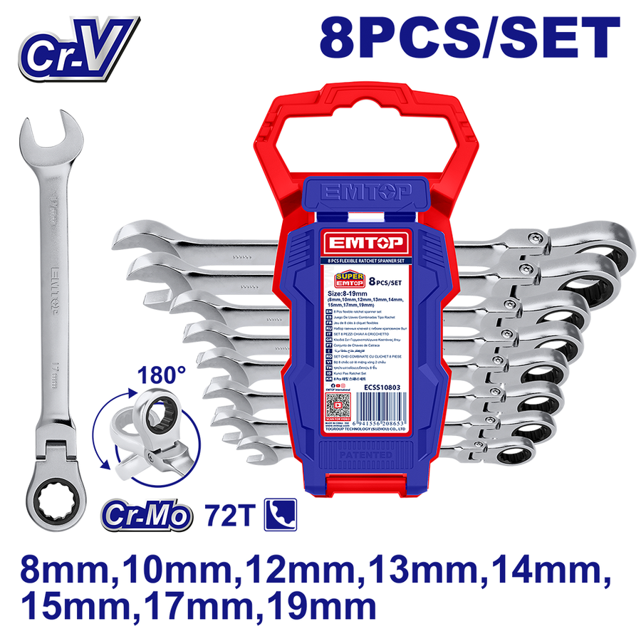 Jeu 8 clés á cliquet flexible 8-19 EMTOP ECSS10803
