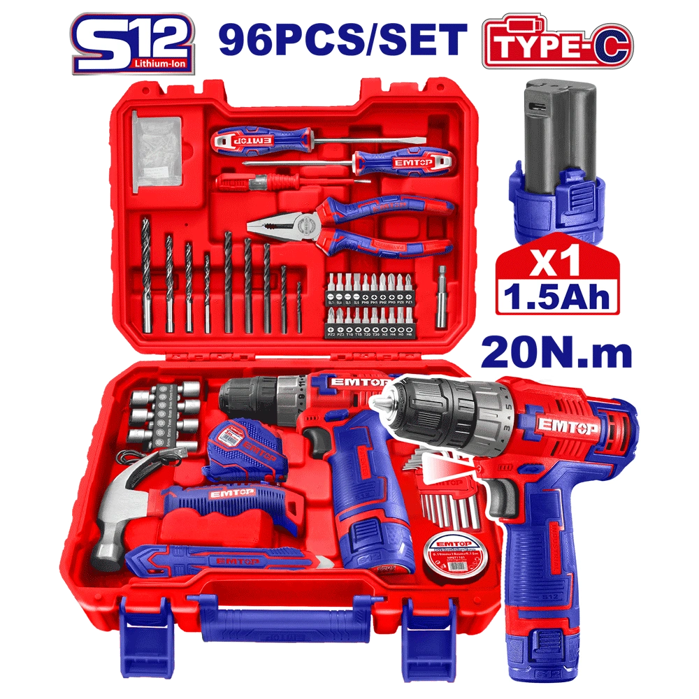 Valise d’outils+visseuce 12V 96P EMTOP EEDK09601