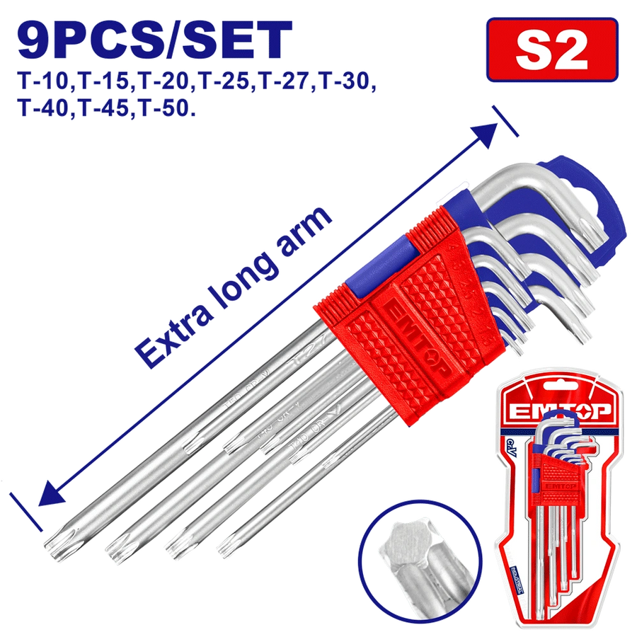 Jeu 9 clés thorx T10-T50 extra long EMTOP EHKY3092