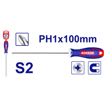 Tournevis americain S2 PH1X100 EMTOP ESDRPH1402