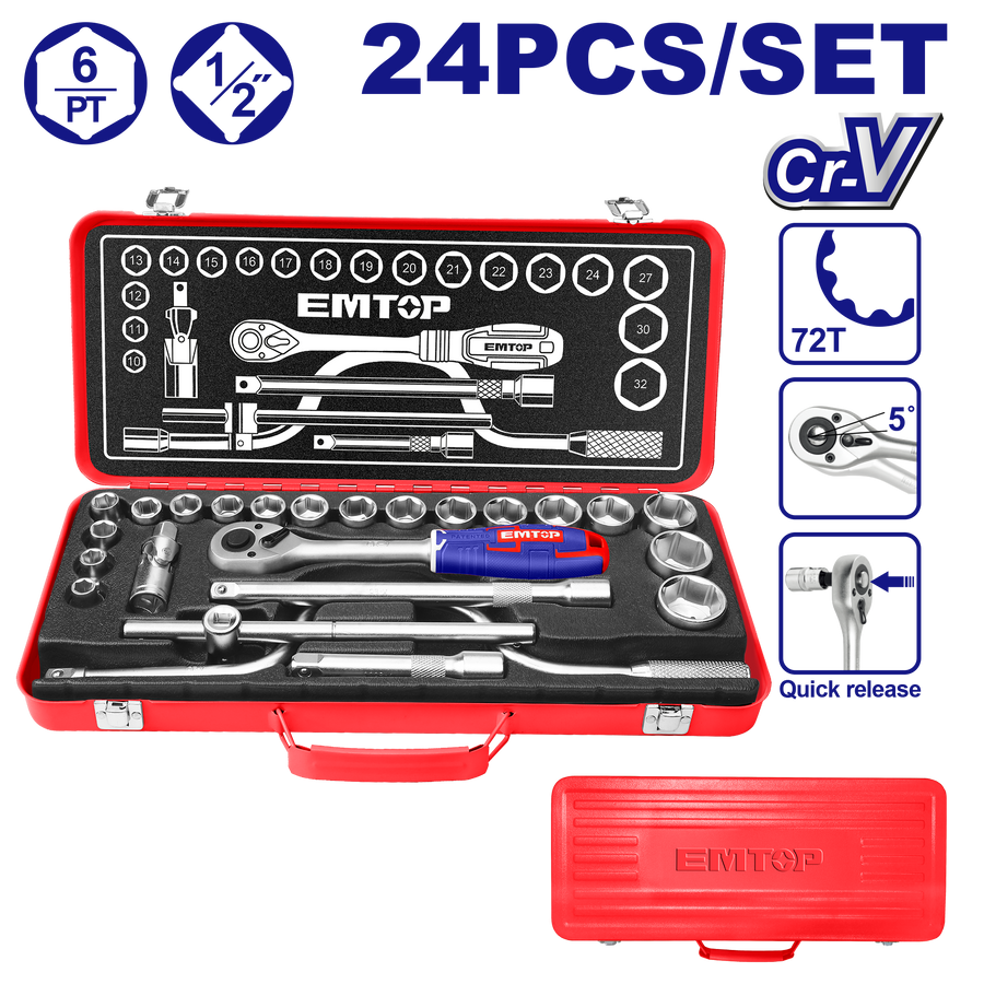 Jeu de 24 douilles 1/2″ EMTOP ESKT12243