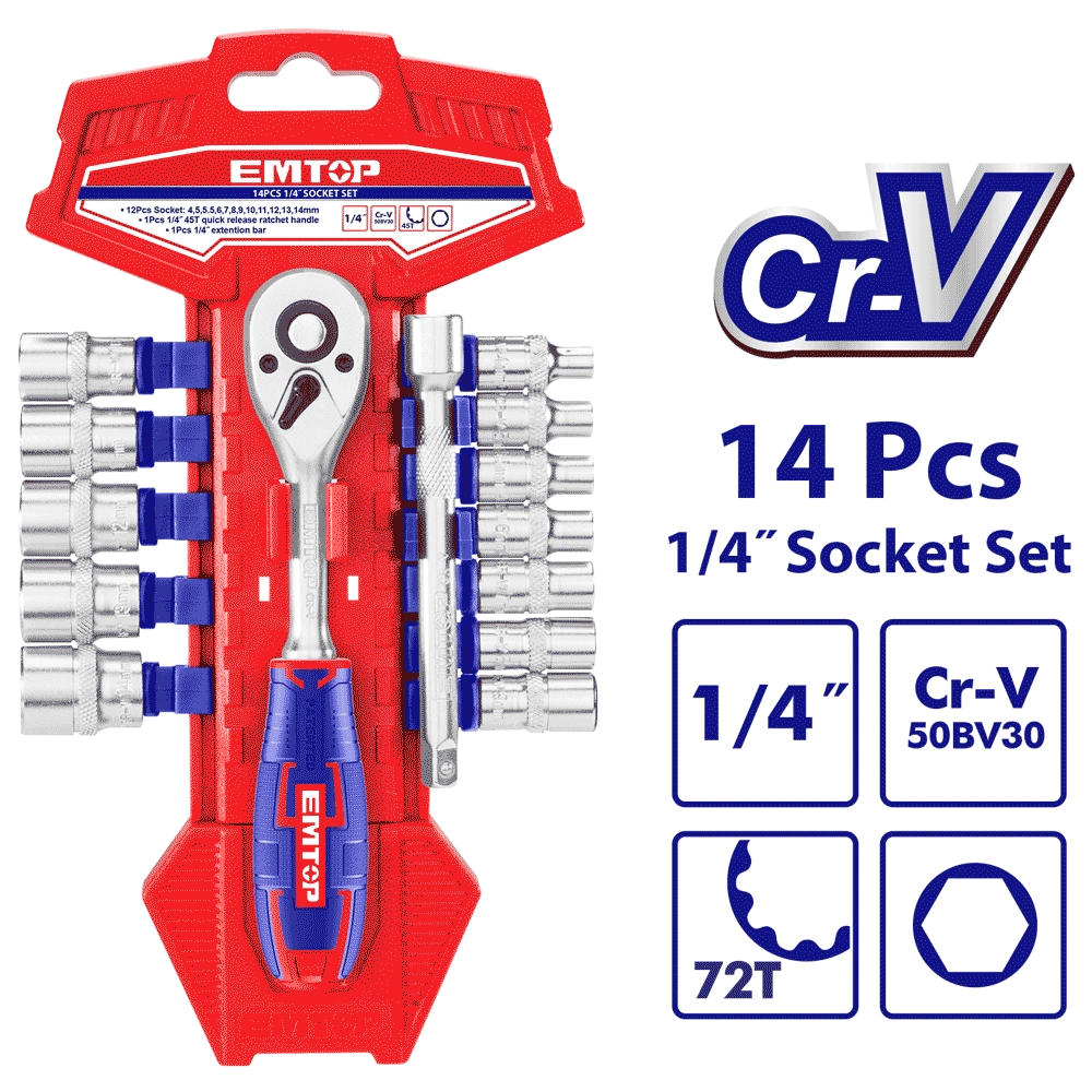Jeu 14 douilles 1/4″ avec cliquet EMTOP ESKT14141
