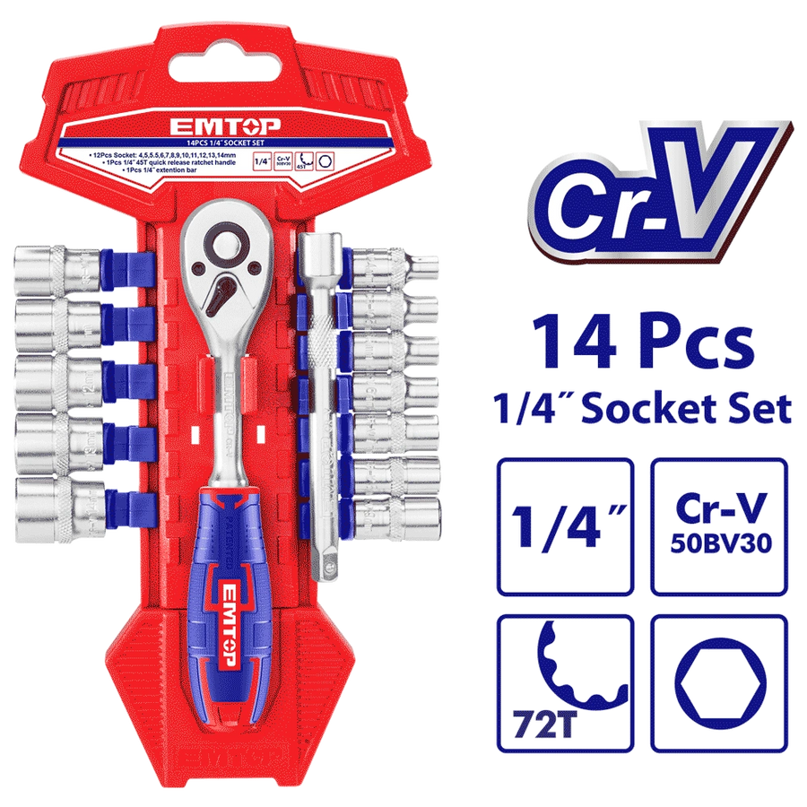 Jeu 14 douilles 1/4″ avec cliquet EMTOP ESKT14141