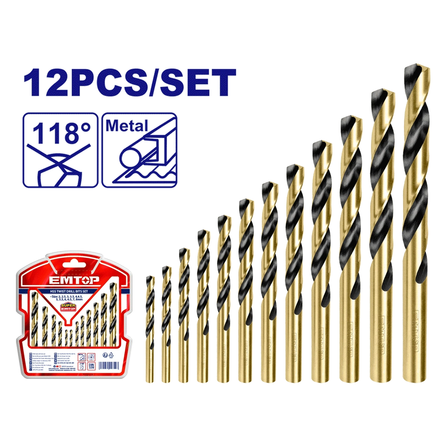 Jeu de 12 forets métal HSS 2-8MM EMTOP ETDBB11125