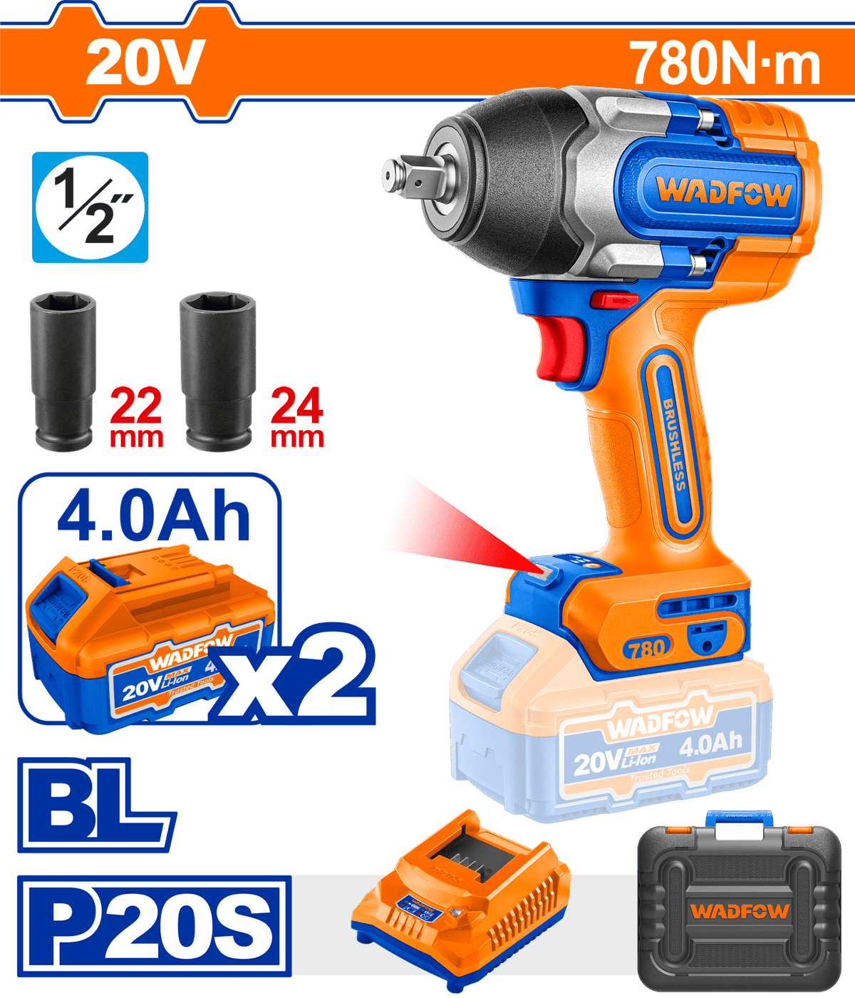 Boulonneuse 20v 780n.m + 2ac WADFOW WCD1B78 - SME IMPORT