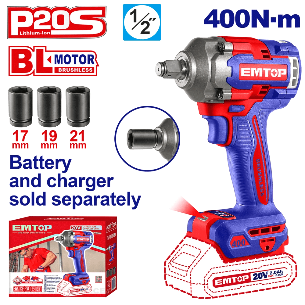 Clé à choc 20V brush 1/2″400NM EMTOP ECIWL20401 - SME IMPORT