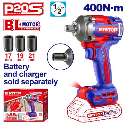 Clé à choc 20V brush 1/2″400NM EMTOP ECIWL20401 - SME IMPORT