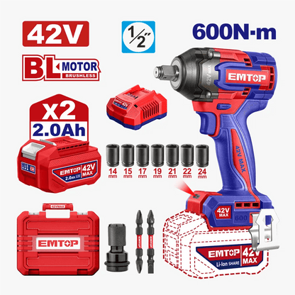 Clé à choc 42V 1/2″ 600NM 2B EMTOP ECIWL42602 - SME IMPORT