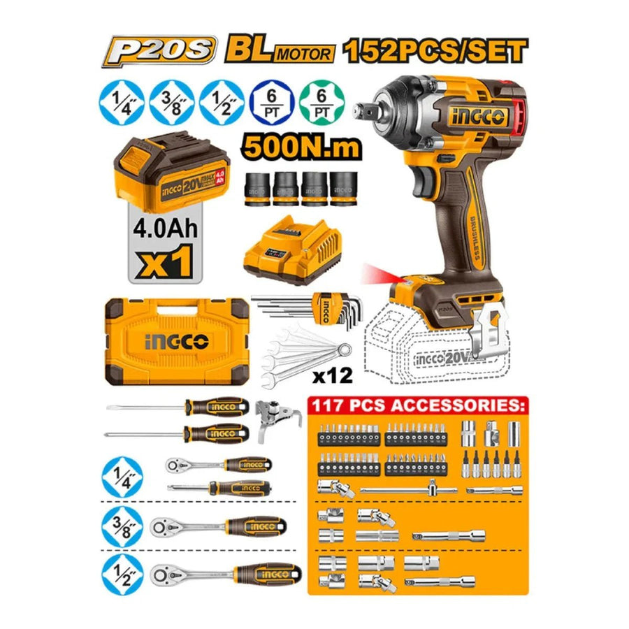 Clé à chocs INGCO 20 V 500 Nm + Kit d’outils 152 pièces – HKTHP31521 - SME IMPORT