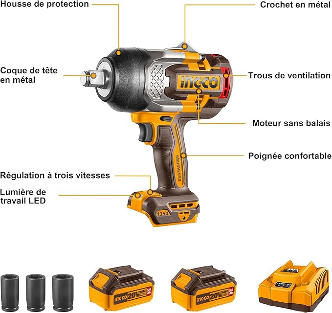 Clé à chocs sans fil 20 V 1350 Nm INGCO – CIWLI20135 - SME IMPORT