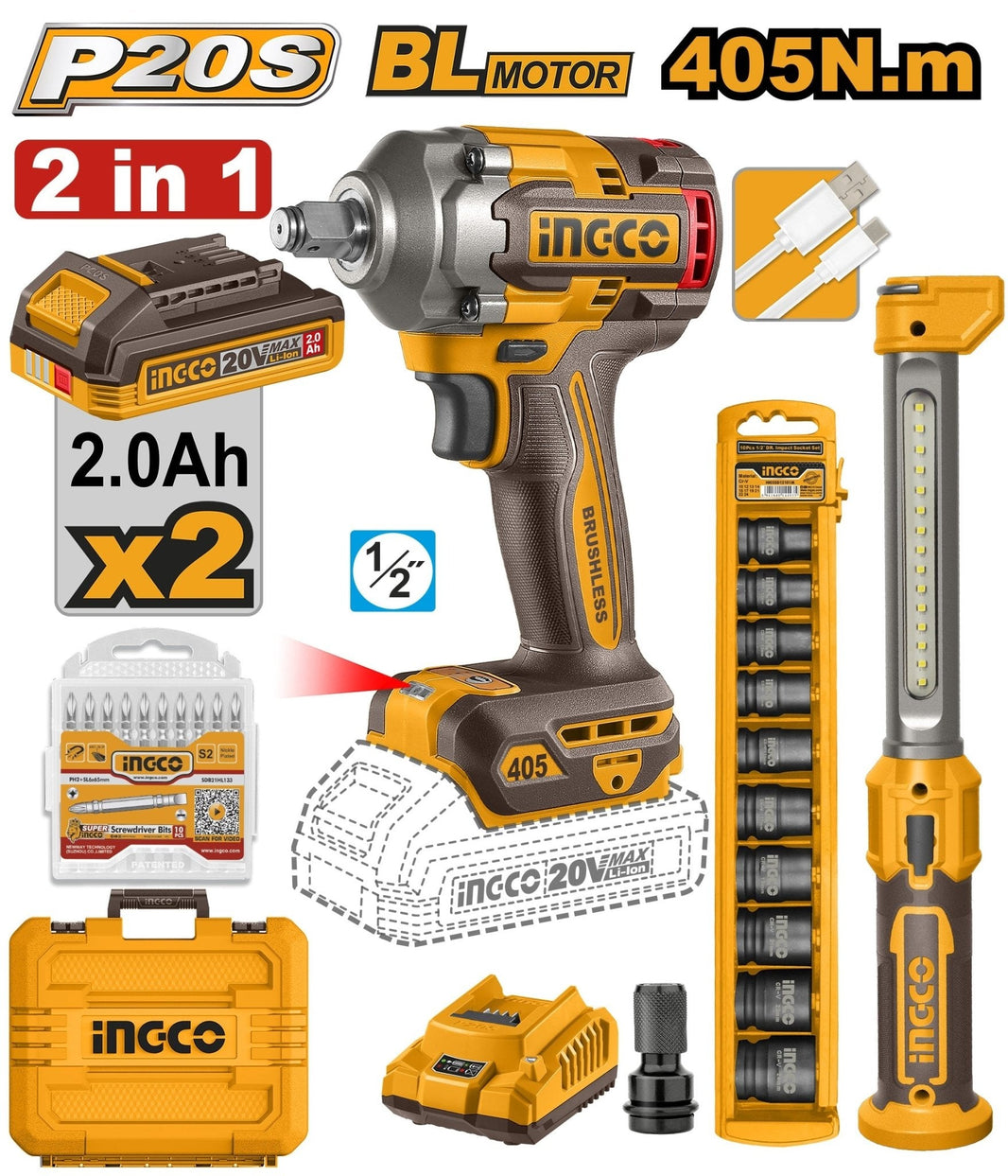 Clé à Chocs Sans Fil INGCO 20V Brushless 405 Nm – 2 Batteries 2.0Ah COSLI23056 - SME IMPORT