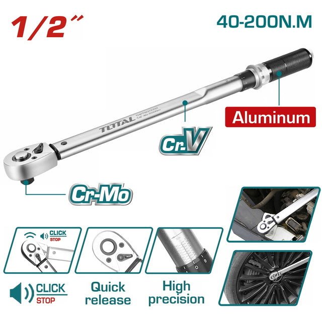 Clé dynamométrique demi pouce 40 à 200 n.m TOTAL haute précision fiabilité THPTW200N2 - SME IMPORT