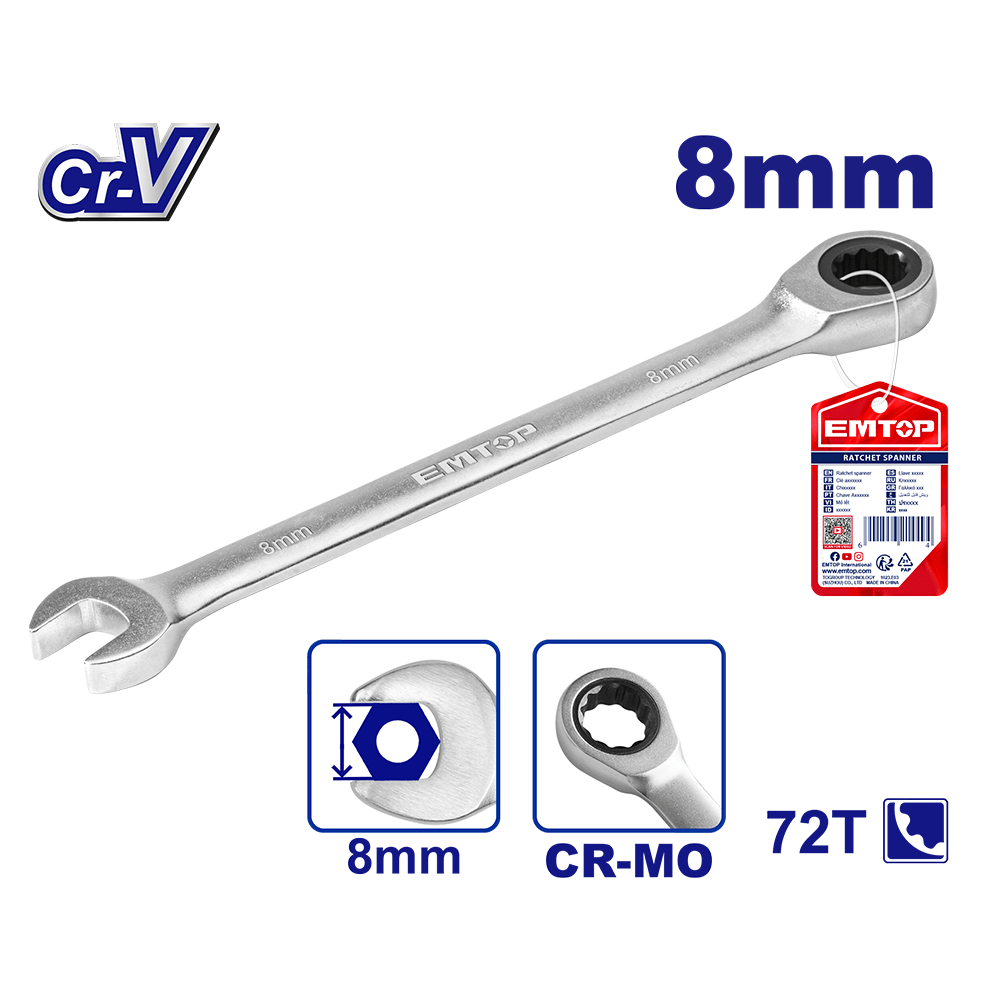 Clé mixte á cliquet t fixe 8MM EMTOP ECSPAR081 - SME IMPORT