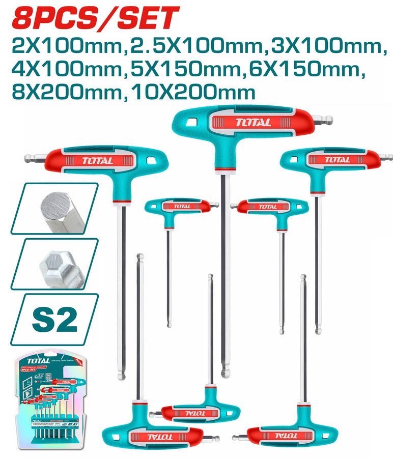 Clés hexagonales bille 8 pièces poignée t S2 tailles 2X100 à 10X200 TOTAL THHW80826 - SME IMPORT
