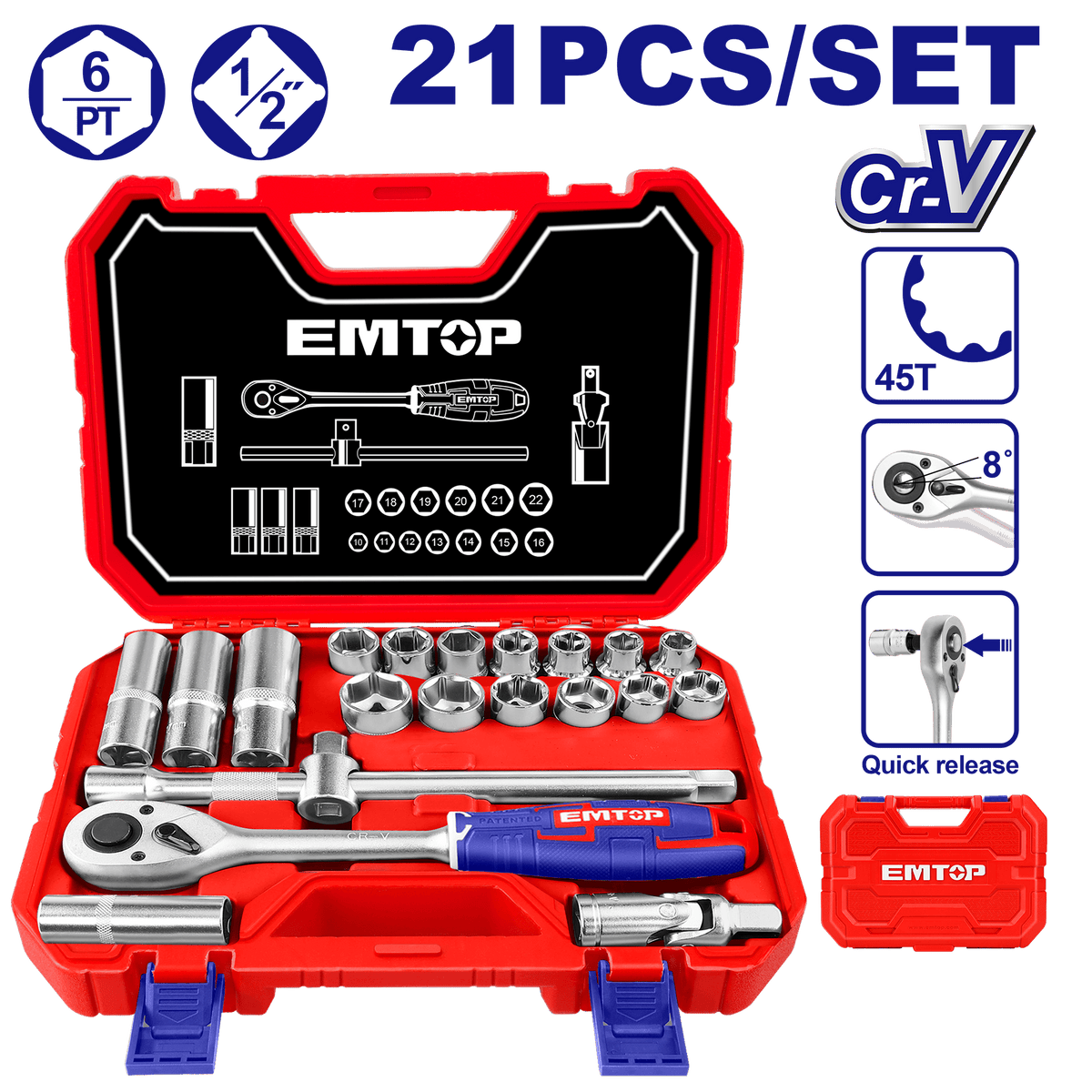 Coffret de 21 douilles 1/2″ EMTOP ESKT12211 - SME IMPORT