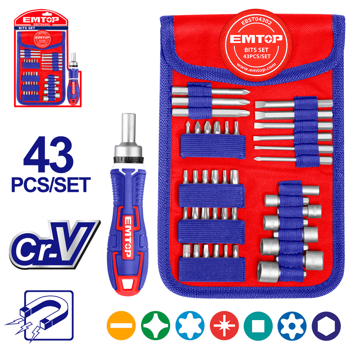 Coffret de 43 embouts de tournevis EMTOP EBST04302 - SME IMPORT