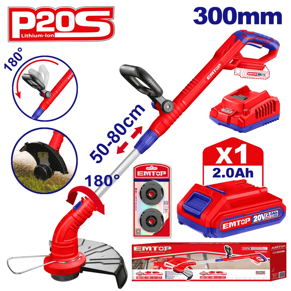 Coupe-herbe 20V 300MM + bat 2AH EMTOP ELGT203011 - SME IMPORT