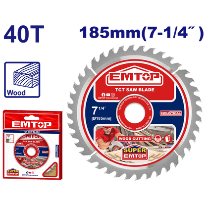 Disque bois scie circul 185 40T EMTOP ETCT1185152 - SME IMPORT