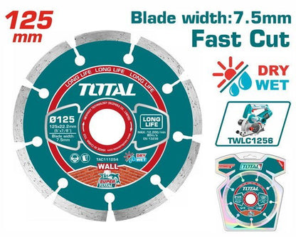 Disque Diamanté TOTAL 125mm X 22,2mm Lame 7,5mm Longue Vie TWLC1256 - SME IMPORT