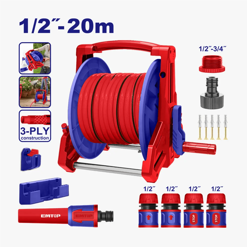 Enrouleur de tuyau 20M manuel EMTOP EHHR20124 - SME IMPORT