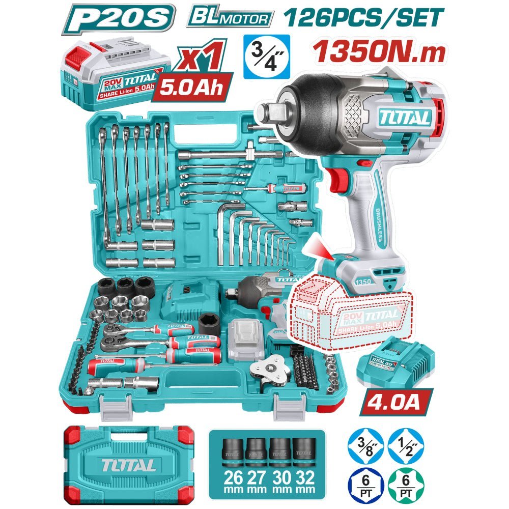 Ensemble outils clé à chocs 1350 n.m 126 pièces 20 v sans balais THKTHP31262 - SME IMPORT