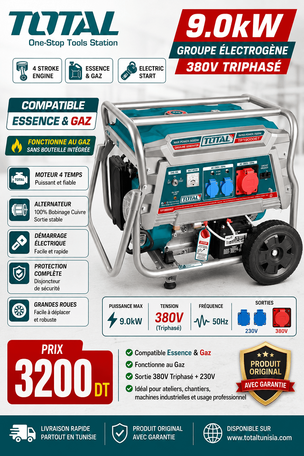 Groupe électrogène 9KW 380v essence gaz TP190006T - SME IMPORT