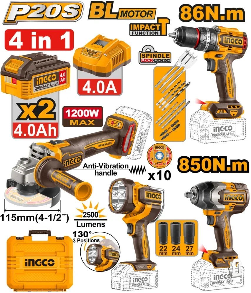 INGCO Kit combo 4 en 1 20 V, 2 batteries 4 Ah – COSLI251192 - SME IMPORT