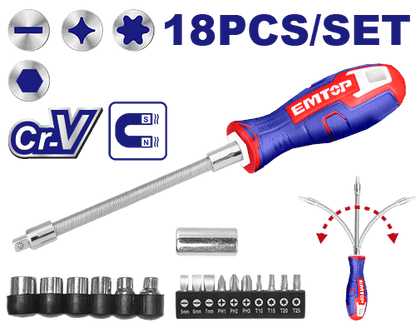 Jeu 12 tournevis+embouts flex EMTOP ESSTFL1802 - SME IMPORT