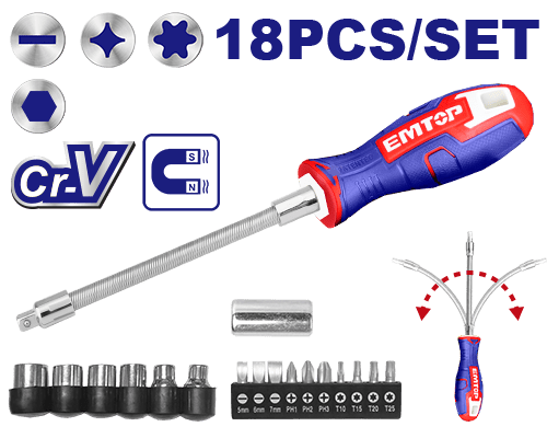 Jeu 12 tournevis+embouts flex EMTOP ESSTFL1802 - SME IMPORT