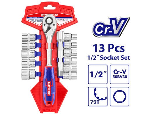 Jeu 13 douilles 1/2″ avec cliquet EMTOP ESKT12131 - SME IMPORT