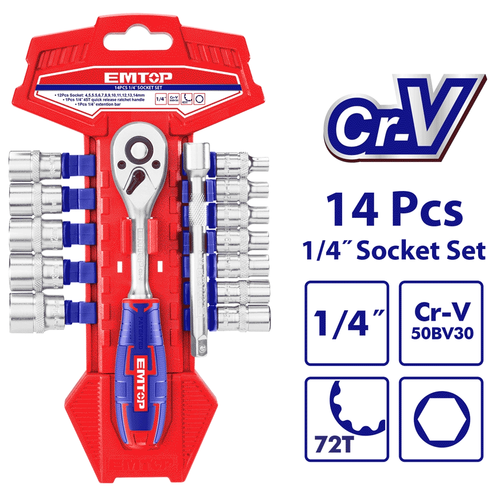 Jeu 14 douilles 1/4″ avec cliquet EMTOP ESKT14141 - SME IMPORT