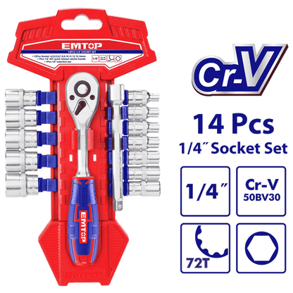 Jeu 14 douilles 1/4″ avec cliquet EMTOP ESKT14141 - SME IMPORT