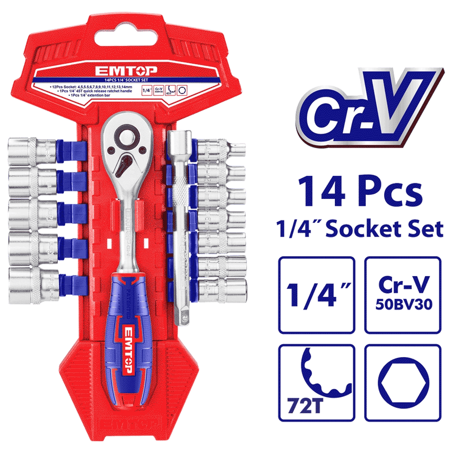 Jeu 14 douilles 1/4″ avec cliquet EMTOP ESKT14141 - SME IMPORT