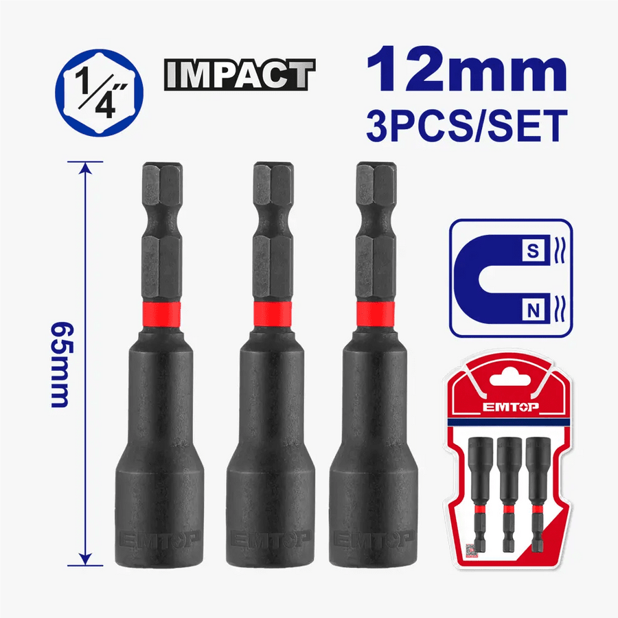 Jeu 3 de tourne-écrous 12*65MM EMTOP EMNS1232 - SME IMPORT