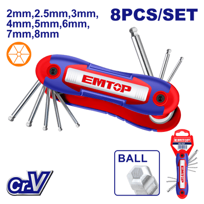 Jeu 8 clés hexa métriques à bille EMTOP EHKY4082 - SME IMPORT