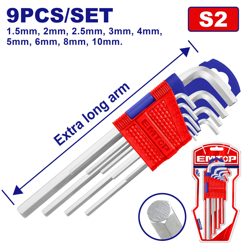 Jeu 9 clés hex T1.5-T10 extra long EMTOP EHKY1092 - SME IMPORT