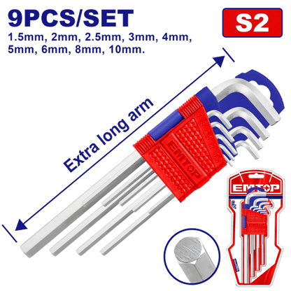 Jeu 9 clés hex T1.5-T10 extra long EMTOP EHKY1092 - SME IMPORT