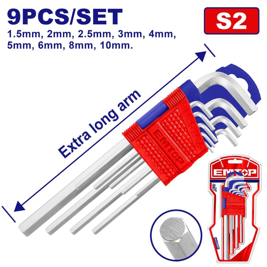Jeu 9 clés hex T1.5-T10 extra long EMTOP EHKY1092 - SME IMPORT
