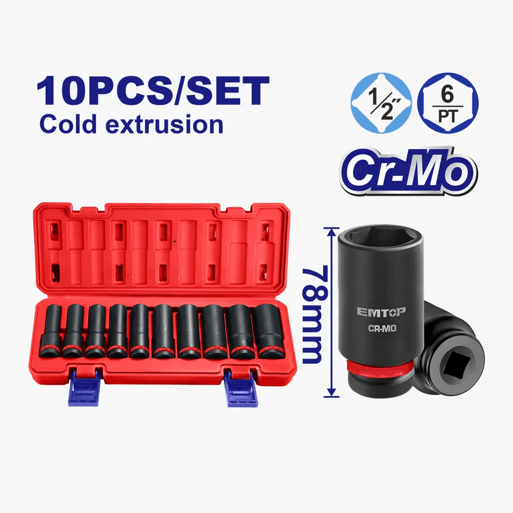 Jeu de 10 douilles à impact 1/2″ EMTOP EMSS12102L - SME IMPORT