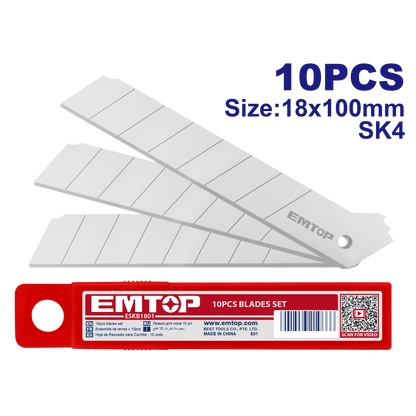 Jeu de 10 lames de couteau de 18 mm EMTOP ESKB1801 - SME IMPORT
